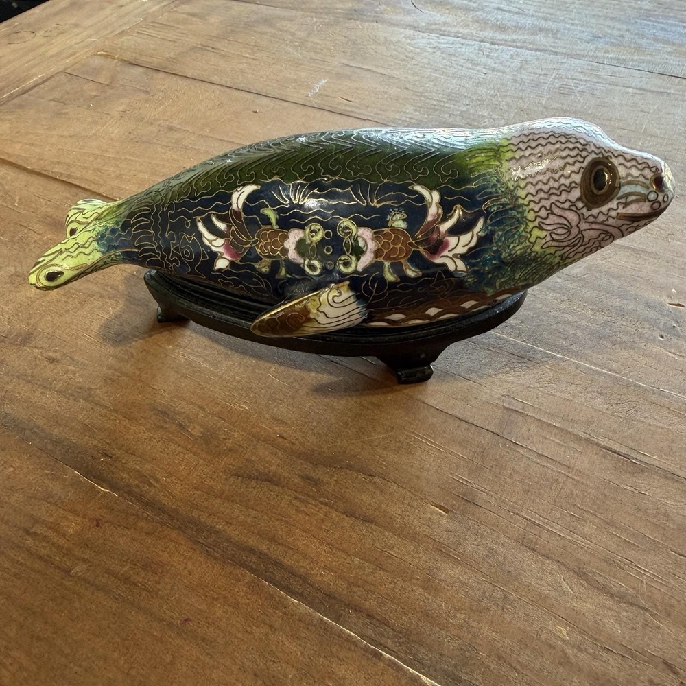 Vintage Chinese Cloisonné Seal Figurine on Wood Stand Aquatic Theme